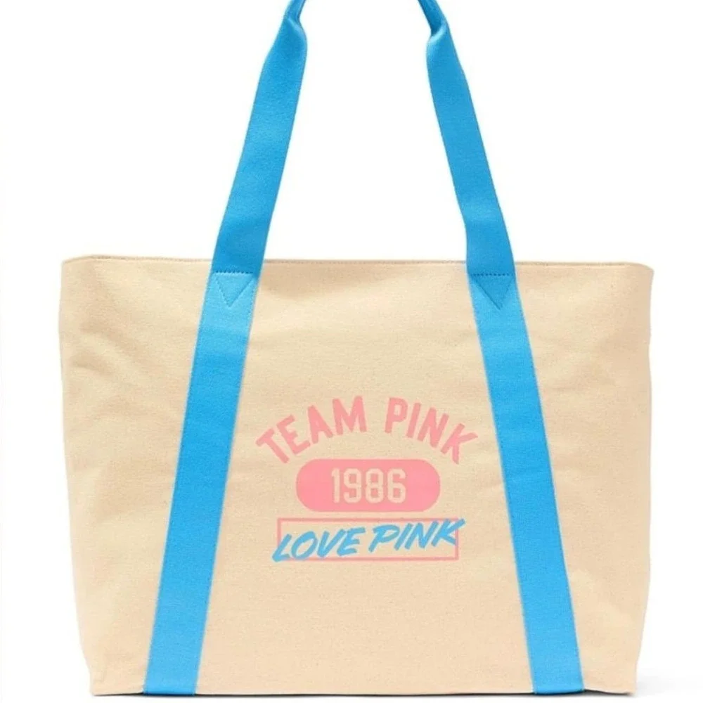 Victorias Secret PINK Canvas Tote Bag Cream Blue Team Pink 1986